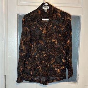Easyspirit Women’s Brown Sheer Abstract Casual Button Down Blouse Shirt Size M